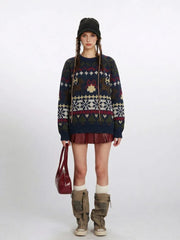 Vintage Navy Fair Isle Holiday Sweater - TEVQA