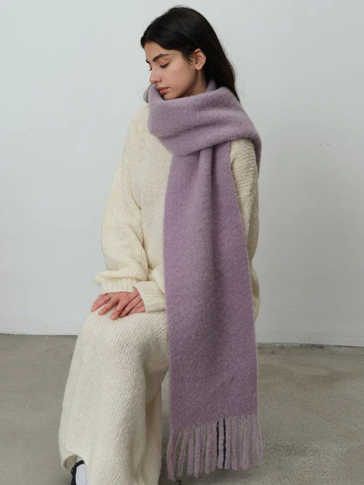 Oversized wool blend scarf in Vintage Blue or Monet Purple with tassels - View 4 | TEVQA