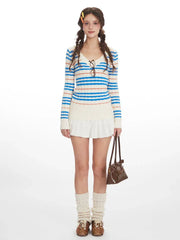 Retro Striped V-Neck Cable Knit Sweater - TEVQA