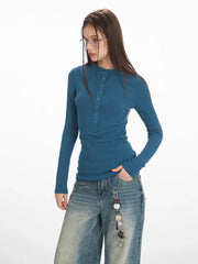 Y2K Essential Ribbed Henley Long Sleeve Top - TEVQA