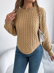 Camel Cable Knit Curved Hem Sweater - TEVQA