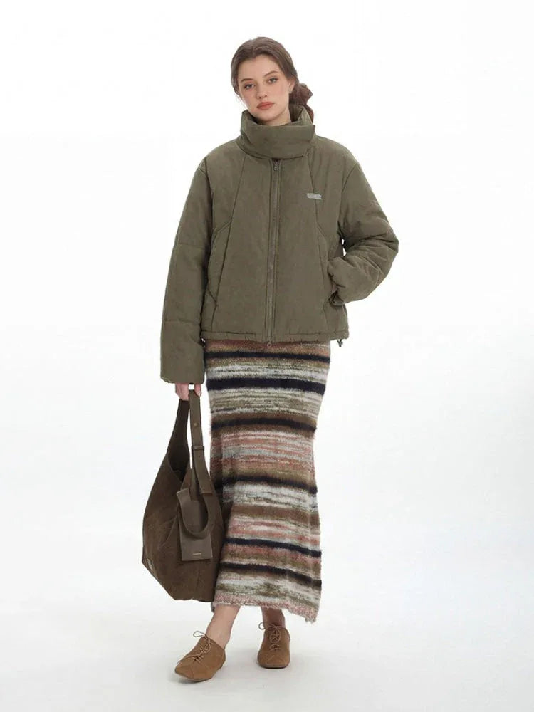 Vintage Olive Stand-Collar Puffer Jacket - TEVQA