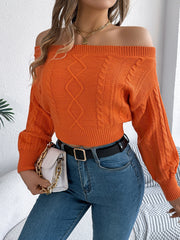 Khaki Off-Shoulder Cable Knit Sweater