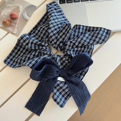 Oversized Preppy Plaid Scrunchie with Textured Bow (5.9 Inch)
