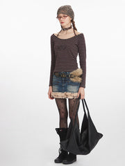 Vintage Burgundy Striped Off-Shoulder Top