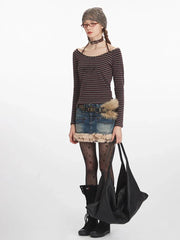 Vintage Burgundy Striped Off-Shoulder Top - TEVQA
