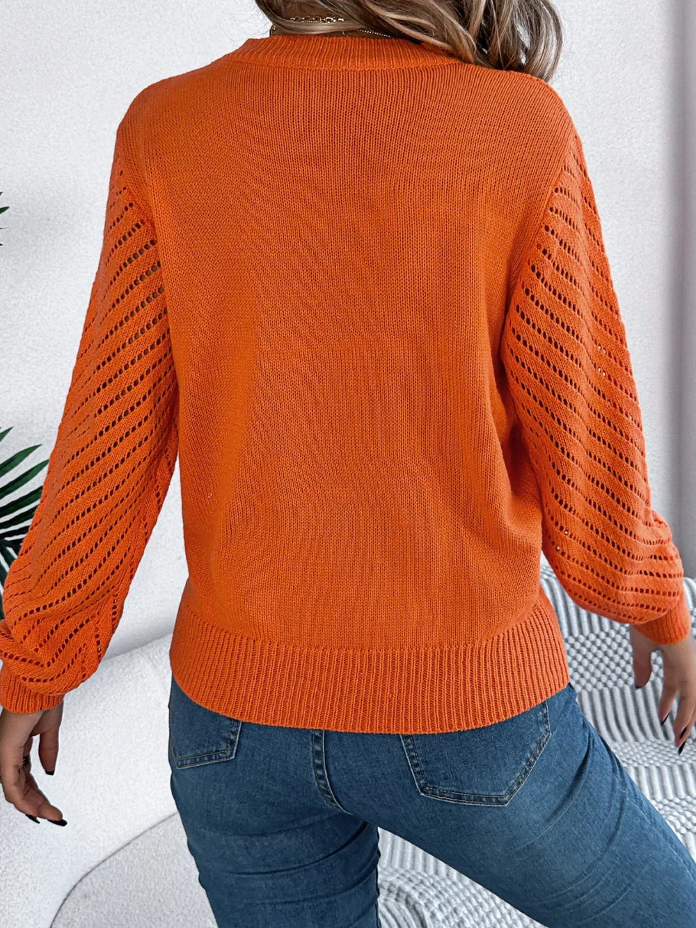 White Hollow Out Pointelle Knit Sweater - TEVQA