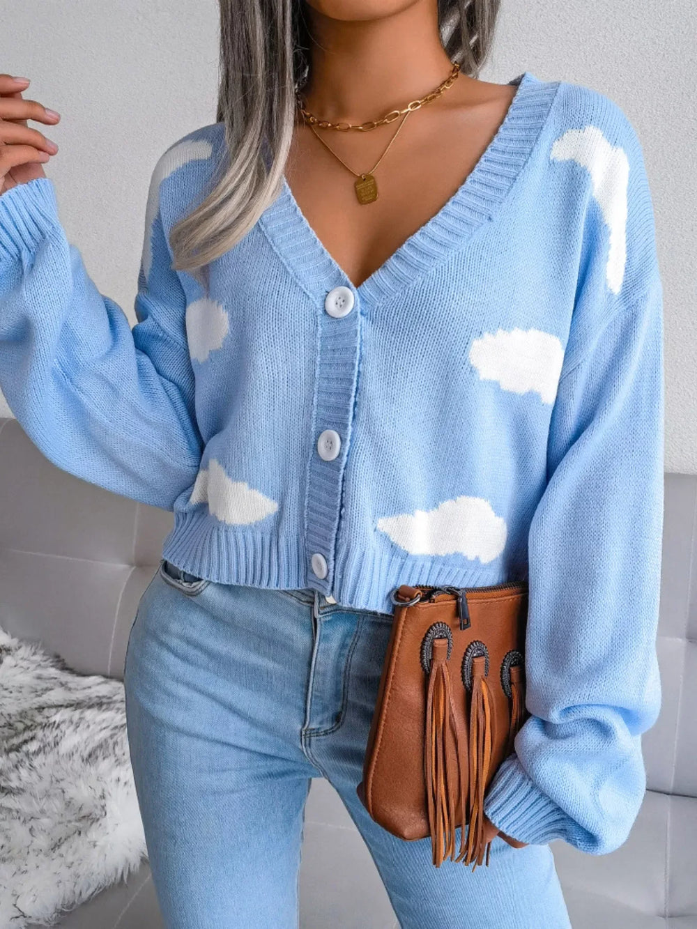 Daydream Sky Cloud Print Knit Cardigan - TEVQA