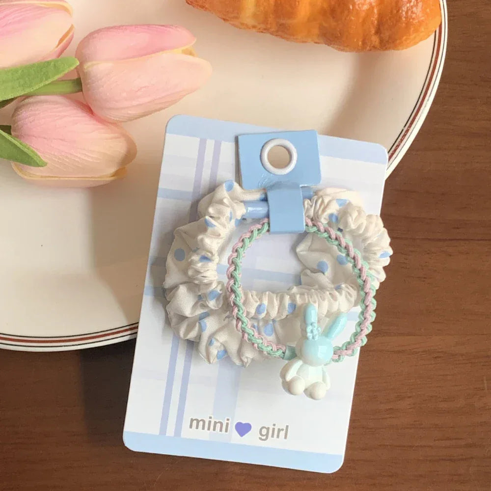 Mini hair scrunchie set with blue and white patterns and charms - View 7 | TEVQA