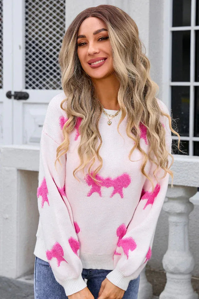 Red Bow Pattern Knit Sweater - View 13 | TEVQA
