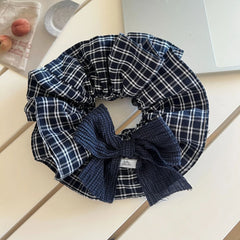 Oversized Preppy Plaid Scrunchie with Textured Bow (5.9 Inch)