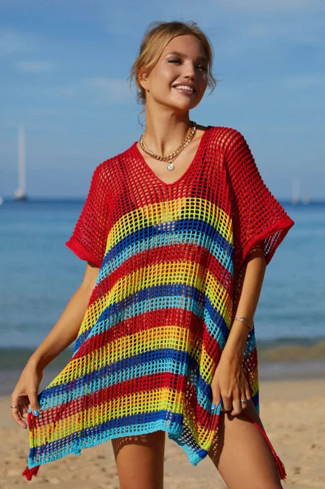 Rainbow Stripe Openwork Slit Cover Up - View 20 | TEVQA