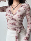 Vintage Floral Wrap Long Sleeve Top Pink