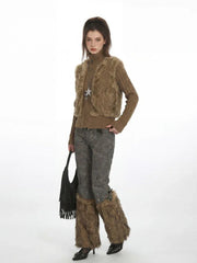 Y2K Faux Fur Panel Zip-Up Cardigan - TEVQA