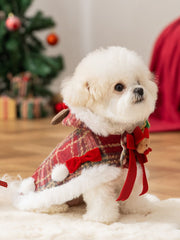 Red Plaid Christmas Pet Cape with Reindeer & Hood