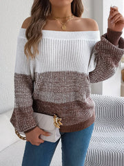 Off-Shoulder Color Block Knit Sweater - View 16 | TEVQA