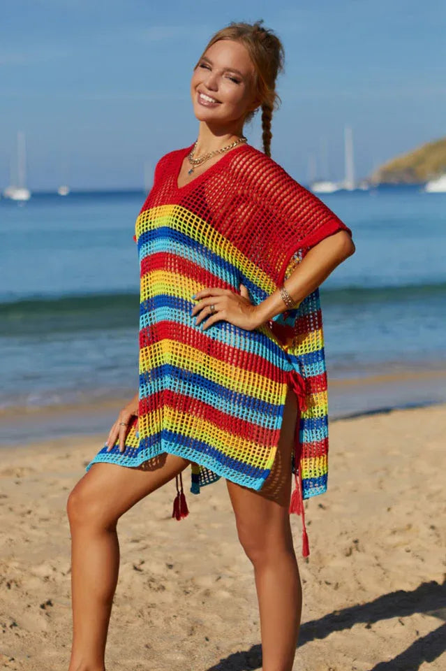 Rainbow Stripe Openwork Slit Cover Up - View 23 | TEVQA