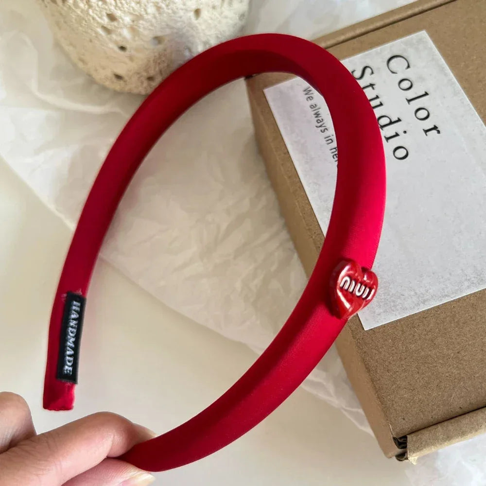 Slim Red Satin Headband with Charm Accent - TEVQA