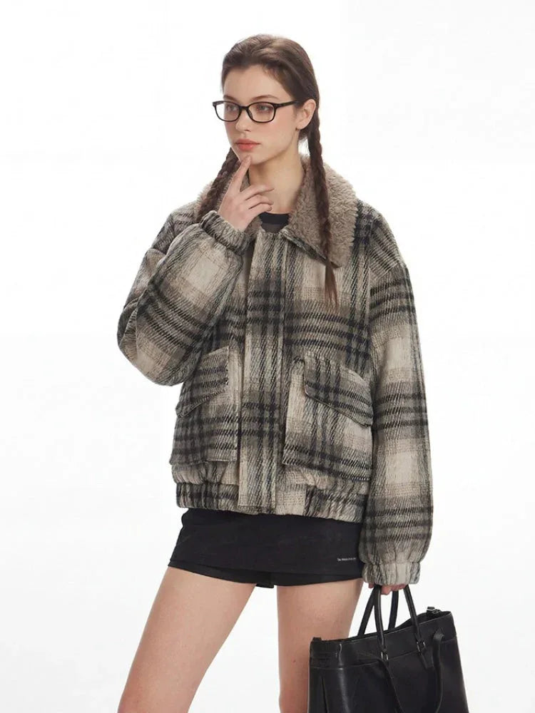 Vintage Plaid Faux Shearling Bomber Jacket - TEVQA