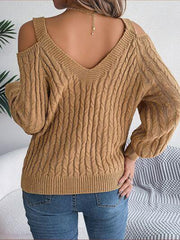 Elegant Ivory Cold Shoulder Cable Knit Sweater - View 12 | TEVQA