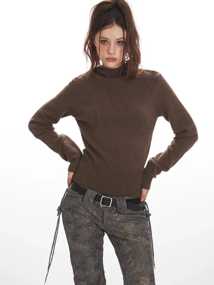Y2K Chocolate Brown Hooded Knit Sweater - TEVQA