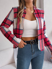 Chic Navy Blue Plaid Cropped Jacket