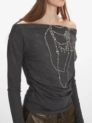Y2K Grunge Rhinestone Necklace Off-Shoulder Top - TEVQA