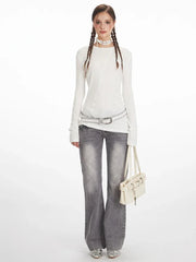 White Irregular Exposed Seam Long Sleeve Top - TEVQA