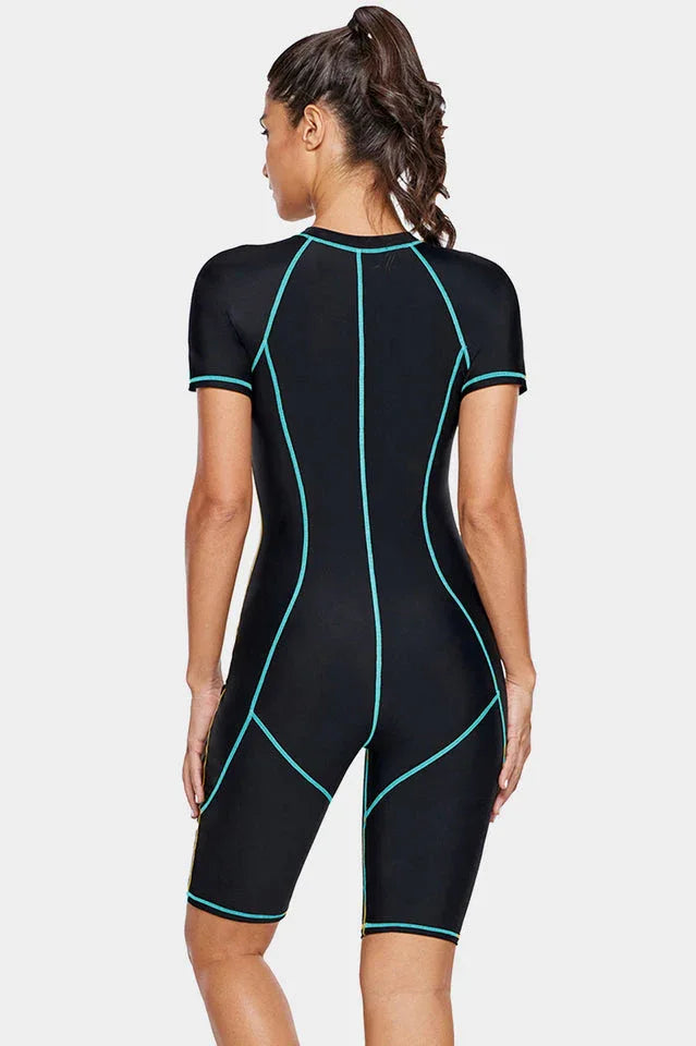 Yellow short sleeve one piece swimsuit with zipper closure - View 6 | TEVQA