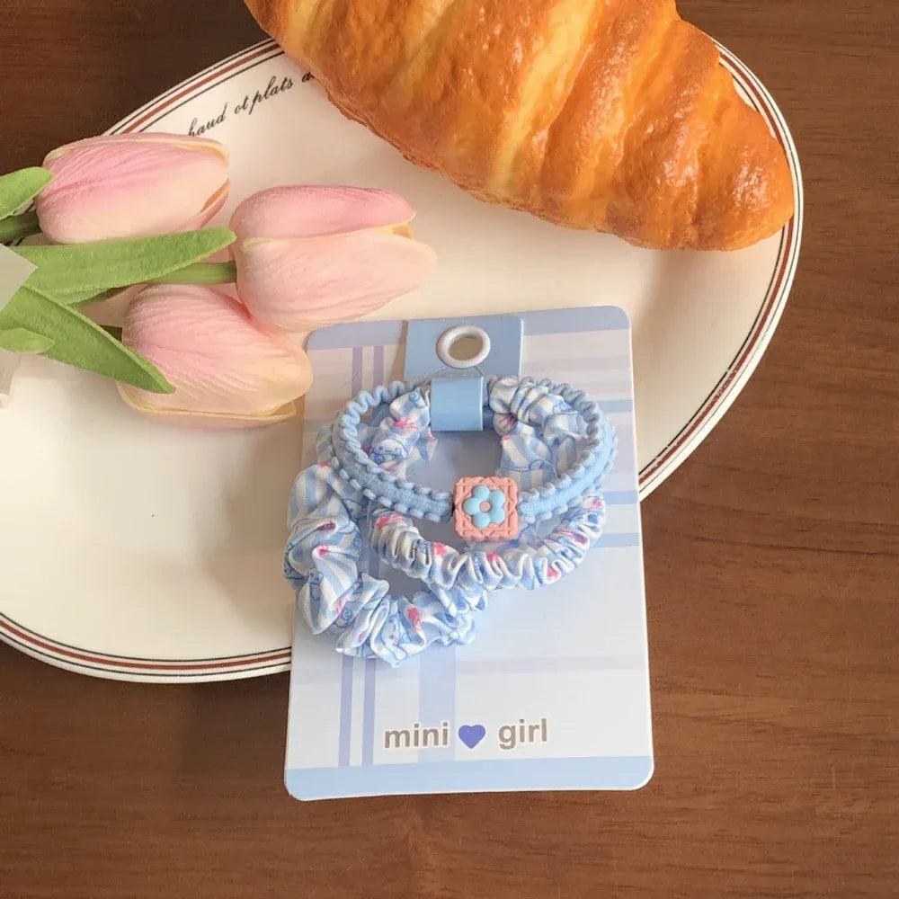 Mini hair scrunchie set with blue and white patterns and charms - View 6 | TEVQA