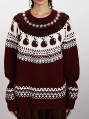 Burgundy Apple Fair Isle Crewneck Sweater - TEVQA