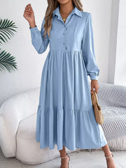 Navy Blue Ruffled Tiered Shirt Dress - View 14 | TEVQA