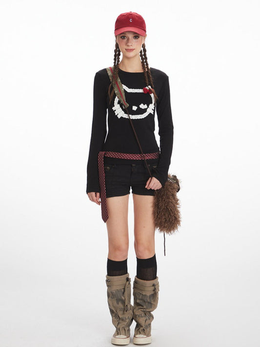 Y2K Coquette Aesthetic Abstract Cat Graphic Long Sleeve Top