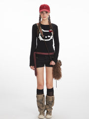 Y2K Coquette Aesthetic Abstract Cat Graphic Long Sleeve Top