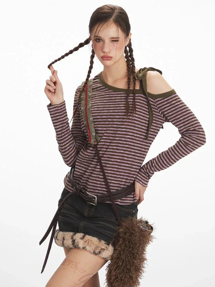Y2K Grunge Asymmetrical Striped Long Sleeve Top - TEVQA