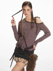 Y2K Grunge Asymmetrical Striped Long Sleeve Top - TEVQA
