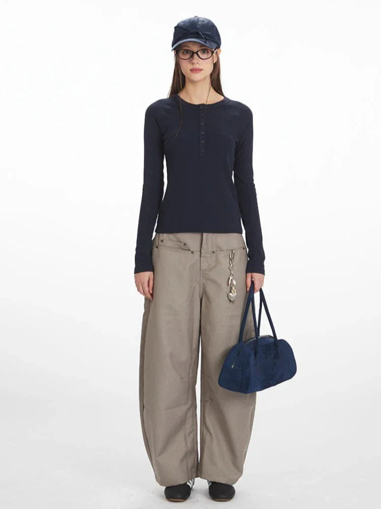 Vintage Grey Ribbed Henley Top - TEVQA