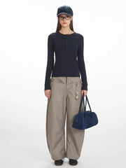 Vintage Grey Ribbed Henley Top - TEVQA