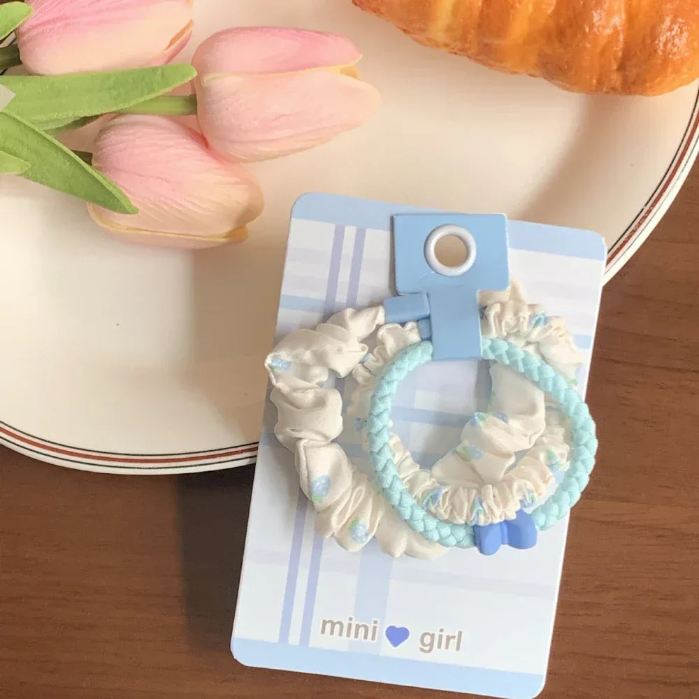 Mini hair scrunchie set with blue and white patterns and charms - View 10 | TEVQA