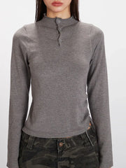 Grey Ruched Side Henley Knit Top - TEVQA
