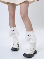 White Ribbed Knit Leg Warmers with 3D Plush Bunny