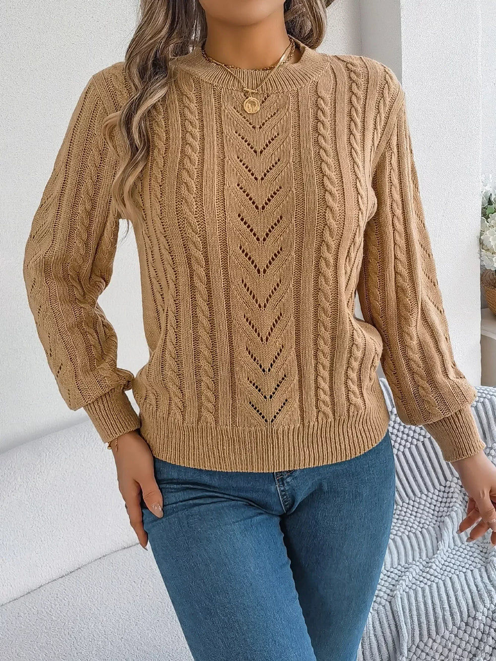Women's Rust Cable Knit Sweater - TEVQA