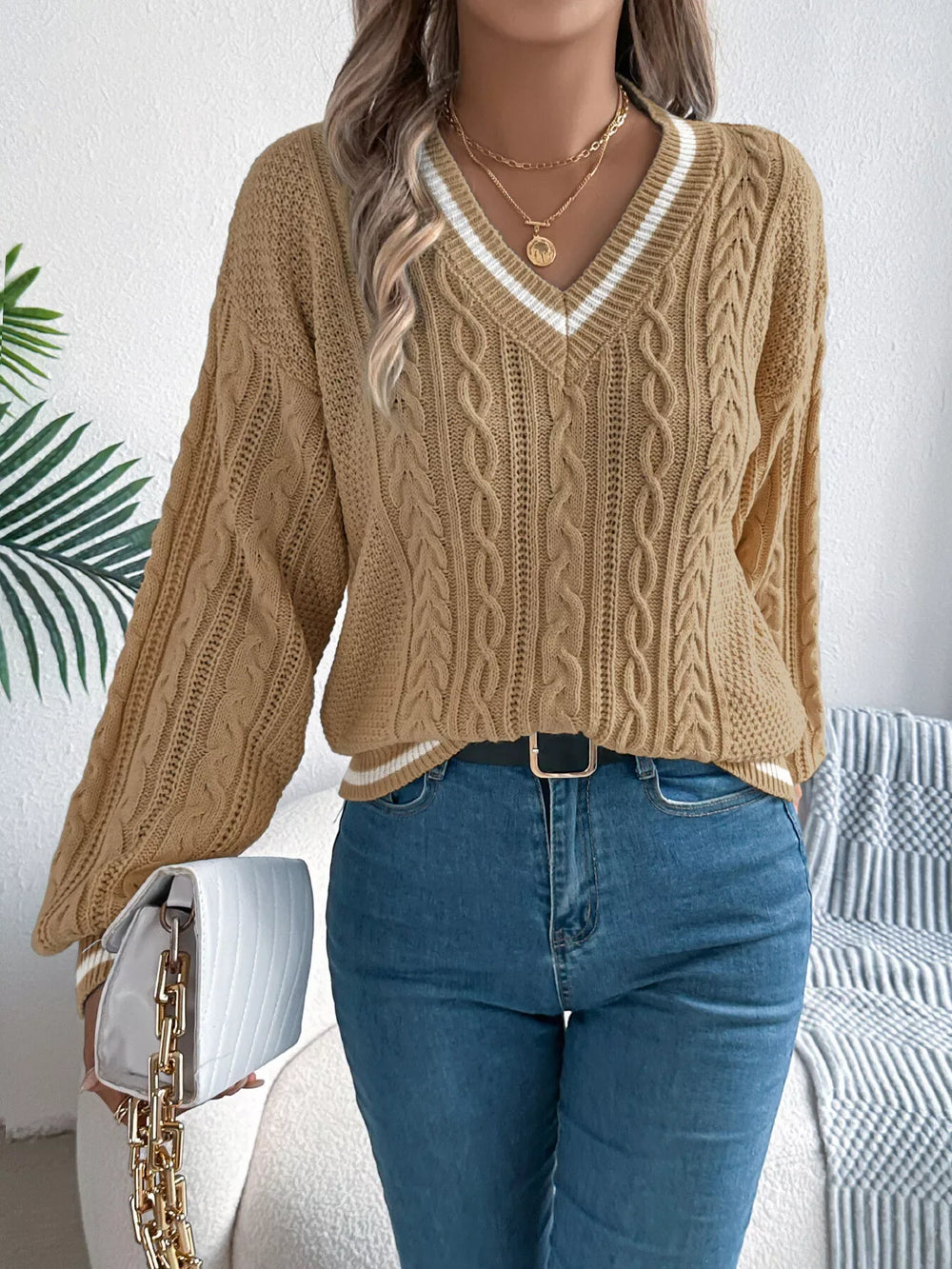 Cable Knit V-Neck Sweater - View 12 | TEVQA