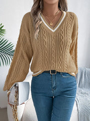 Cable Knit V-Neck Sweater - View 12 | TEVQA