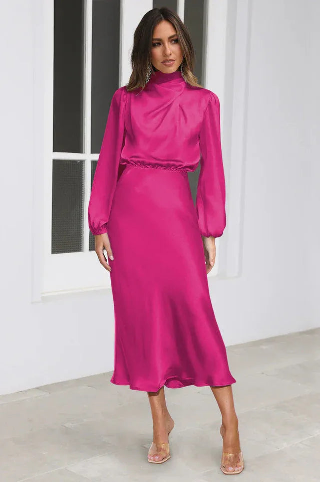 High Neck Satin Midi Dress - View 15 | TEVQA