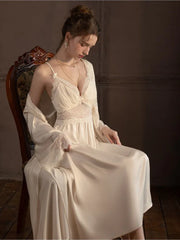 Lace Trim Satin Robe and Slip Set - View 7 | TEVQA