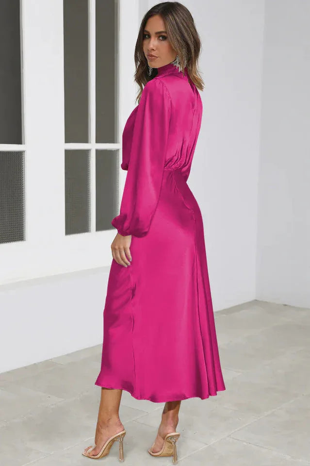 High Neck Satin Midi Dress - View 16 | TEVQA