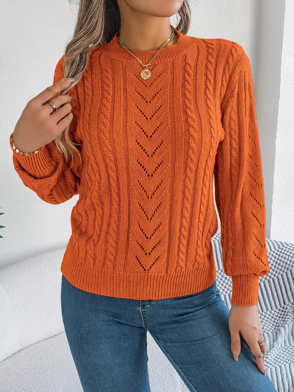 Women's Rust Cable Knit Sweater - TEVQA