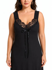 Midi loungewear dress with lace trim and V-neckline - View 6 | TEVQA