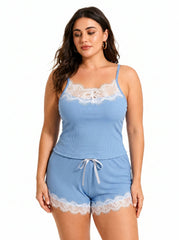Light blue women's lace trim pajama set - View 6 | TEVQA